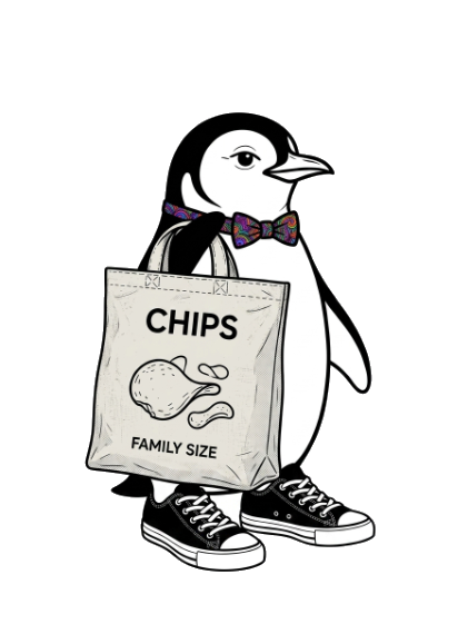 The Bag Bro mascot — a dapper penguin in Converse carrying a family-size chip bag